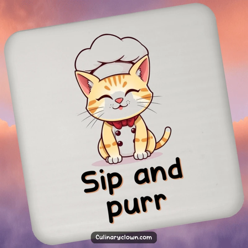 Funny coaster featuring a mischievous cat chef with an oversized chef hat, protecting surfaces with feline flair.
