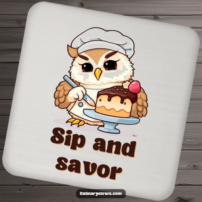Funny owl chef drink coaster featuring a determined owl chef decorating a tiny, detailed cake, protecting surfaces with artistic flair.
