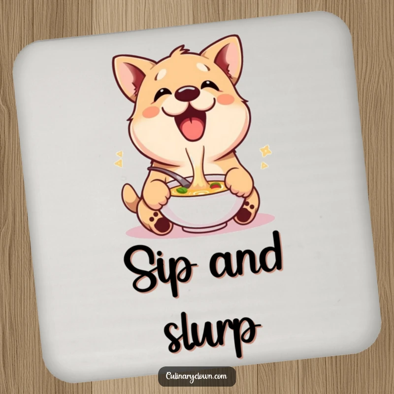 Funny drink coasters featuring a delighted dog character happily tasting soup, adding humor to beverage service.