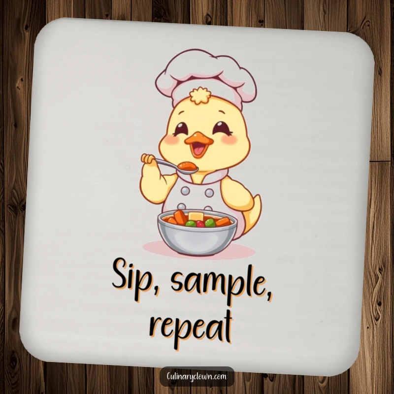 Funny Kawaii Duck Chef Coaster: A cute duck chef happily tasting a spoonful of stew, serving as a charming drink coaster.