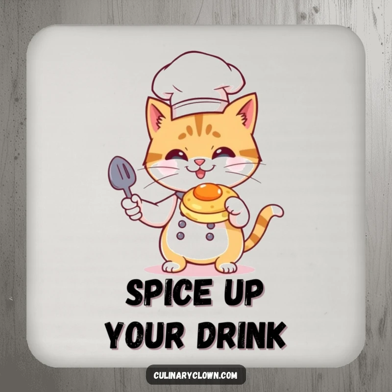 Funny Cat Chef Drink Coaster: A cat chef flambéing a pancake, protecting surfaces with humor.
