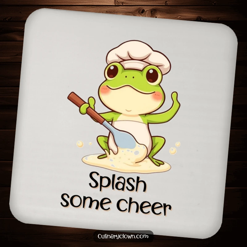 Funny Kawaii Frog Chef Drink Coaster: Cute frog chef splashing batter, protecting surfaces with humor.