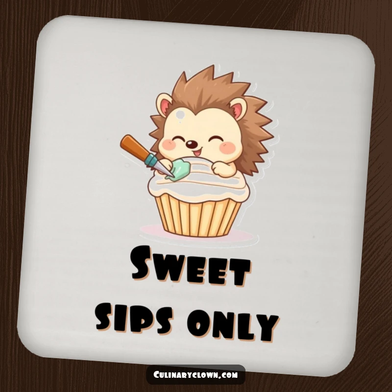 Funny drink coasters depicting a smiling hedgehog expertly frosting a cupcake, adding dessert charm.