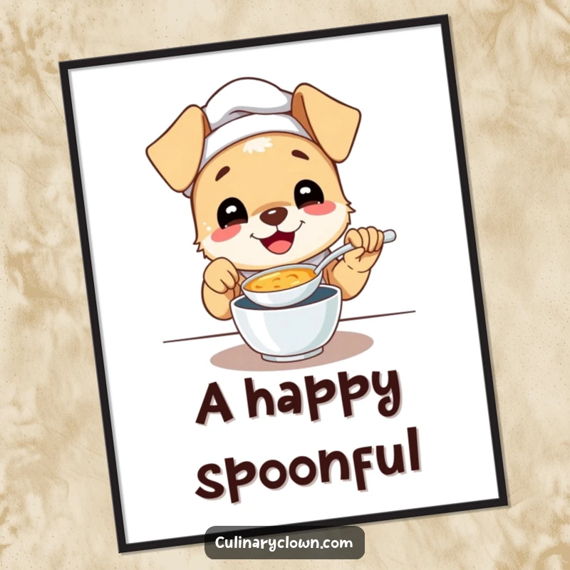 Funny poster depicting a gleeful puppy chef with a look of utter delight while tasting a spoonful of soup.