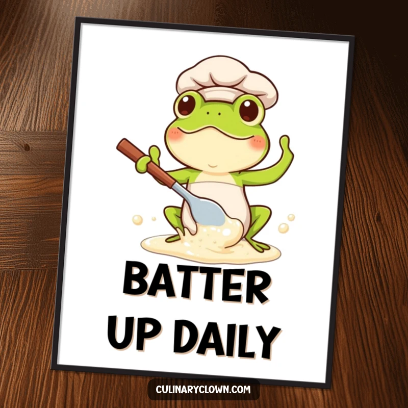 Funny Kawaii Frog Chef Poster: Adorable frog chef splashing batter with a spoon, adding a humorous touch.
