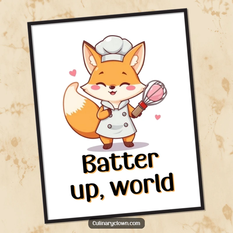 Funny determined fox chef character enthusiastically whisking pink batter on a poster for kitchen decor.