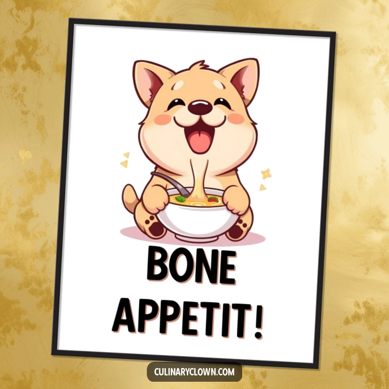 Funny poster print of a delighted dog character with eyes closed in bliss, enthusiastically tasting a bowl of soup.