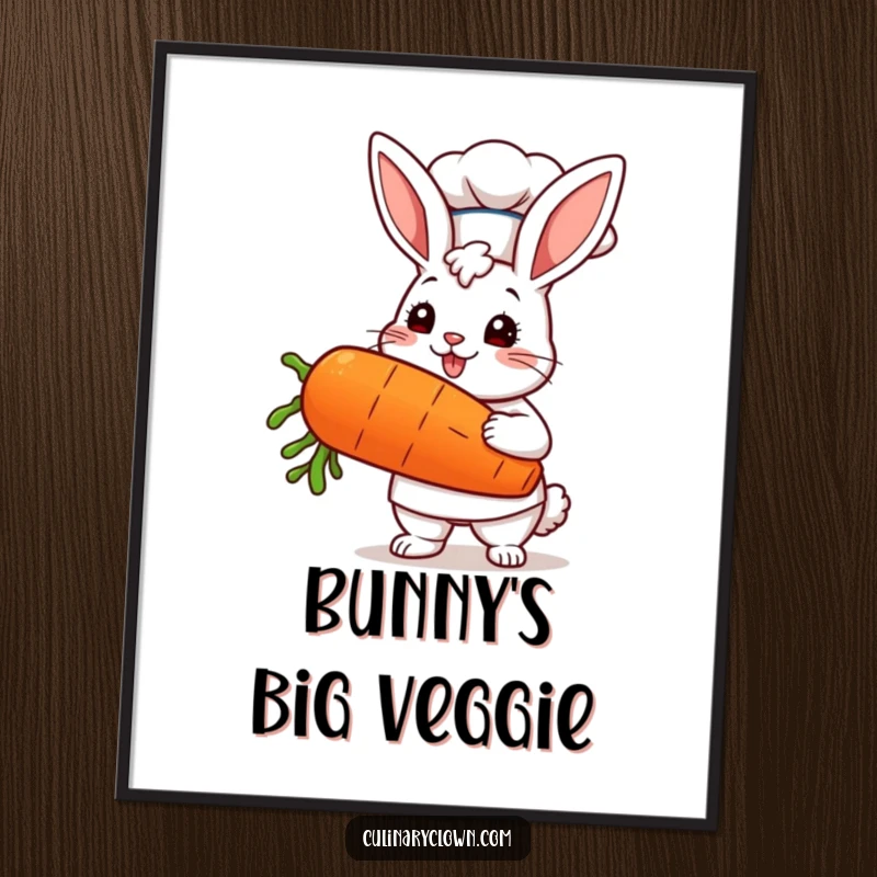 Funny kawaii bunny chef in a chef hat holding a giant carrot with pride, creating delightful wall art.