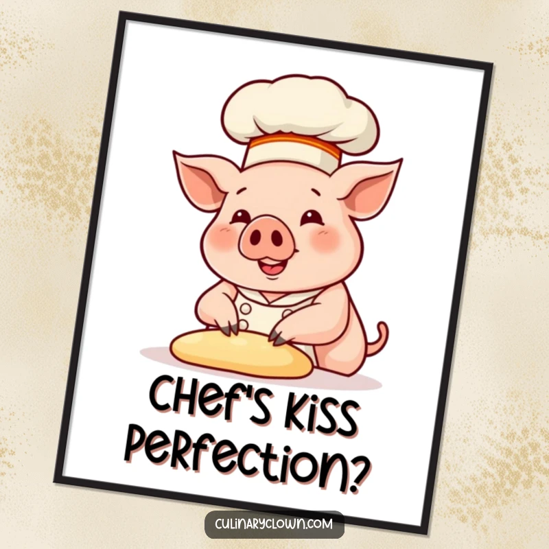 Funny pig chef in a tall hat, kneading dough, a humorous illustration perfect for kitchen wall art posters.
