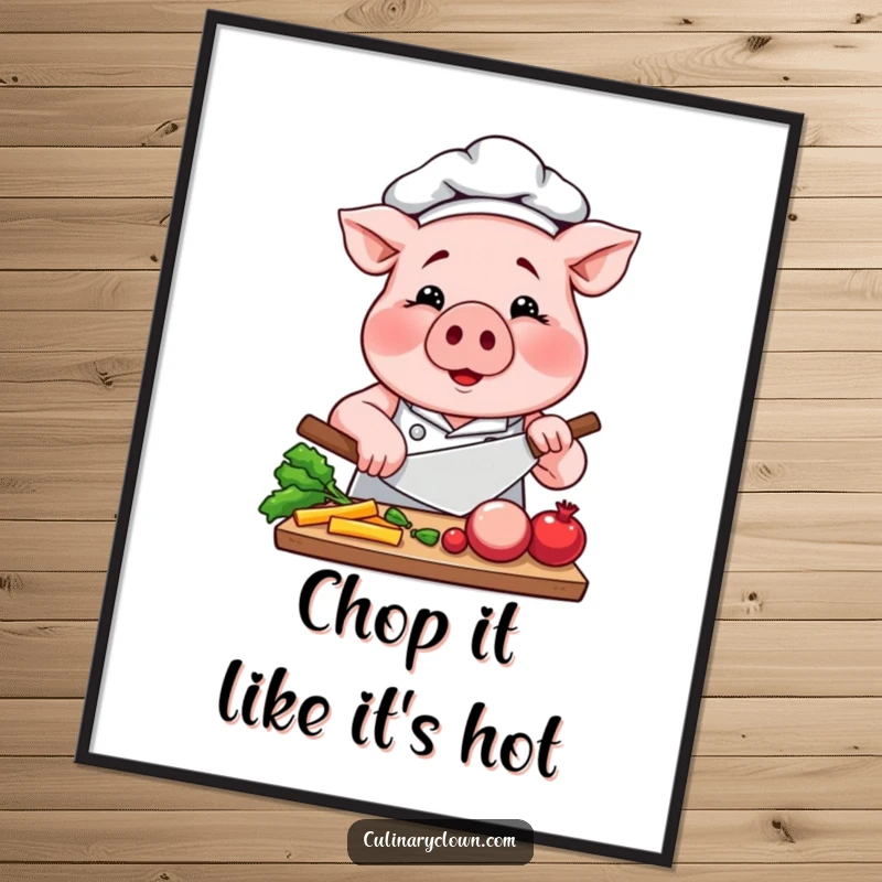 Funny Pig Chef Poster: A smiling pig chef is shown intensely chopping vegetables, adding humor and culinary focus to wall decor.