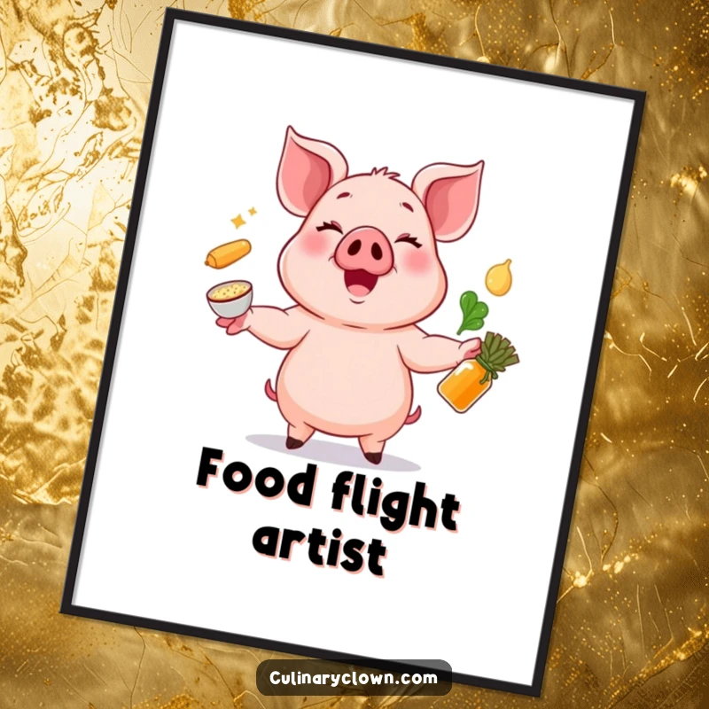 Funny poster of a cheerful pig character expertly juggling various food ingredients with a big, happy smile.