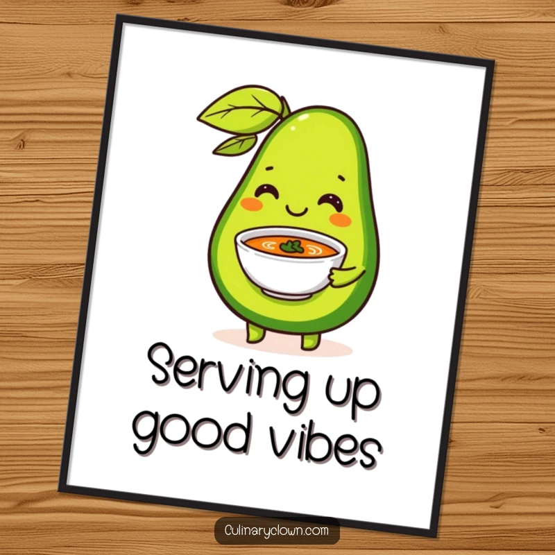Funny Poster showing a happy avocado character serving a tiny bowl of soup with notable flair, bringing healthy humor to any wall.