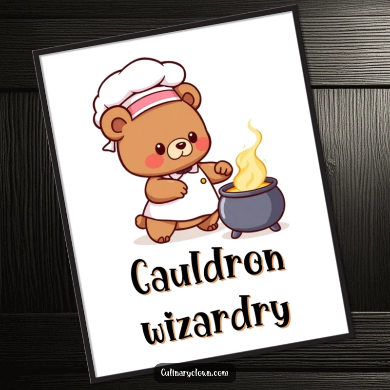 Cute bear chef character wearing a chef hat and stirring a bubbling cauldron, making a charming funny poster.