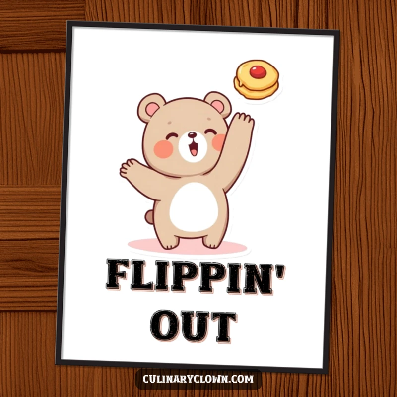 Funny poster displaying a cute bear character in dynamic motion, flipping a pancake with great excitement and flair.