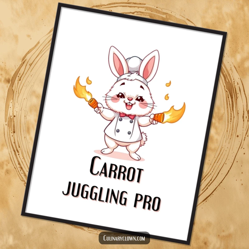 Funny fluffy bunny chef character comically juggling flaming carrots with intense concentration, making a lively funny poster.