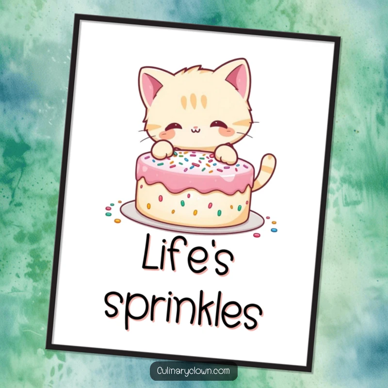Funny poster showing a playful cat character meticulously decorating a cake with colorful sprinkles, bringing kitchen charm.