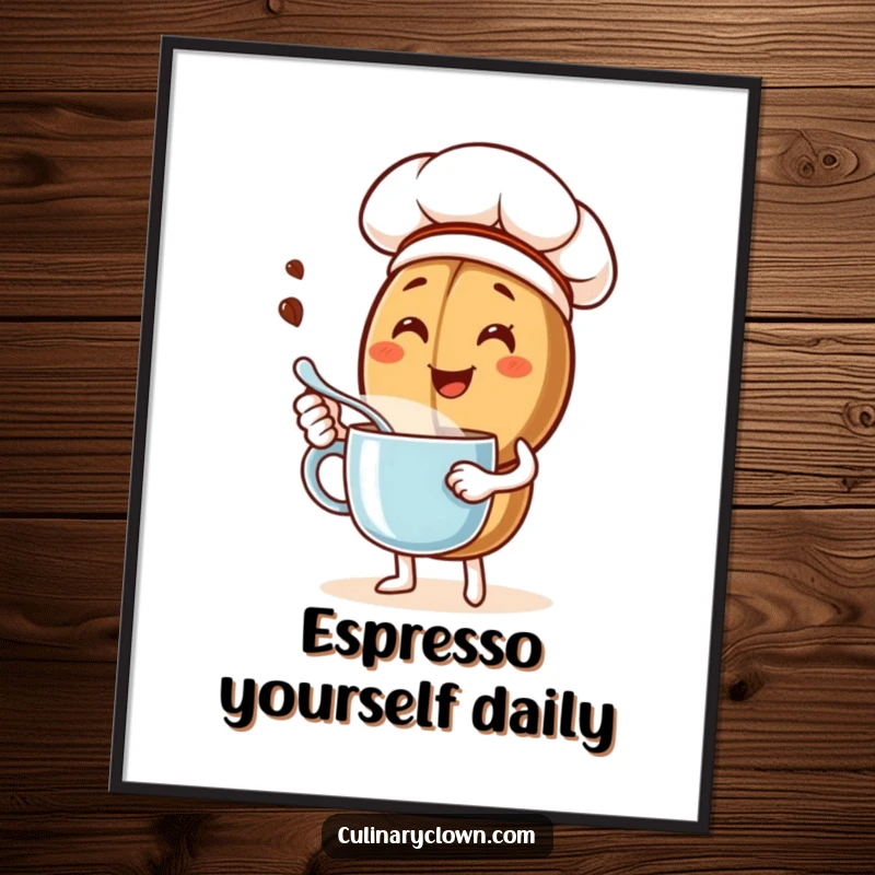 Funny poster showcasing a smiling coffee bean chef character stirring a steaming mug, perfect as coffee-themed wall art.