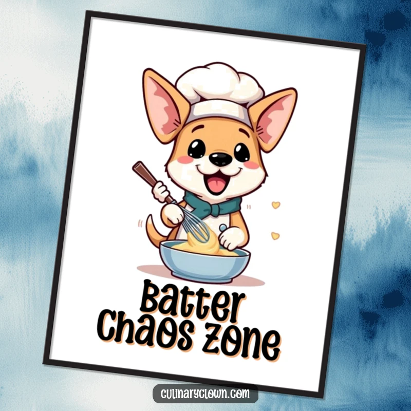 Funny Dog Chef Poster: An energetic dog with floppy ears whisking batter, creating a joyful baking scene.