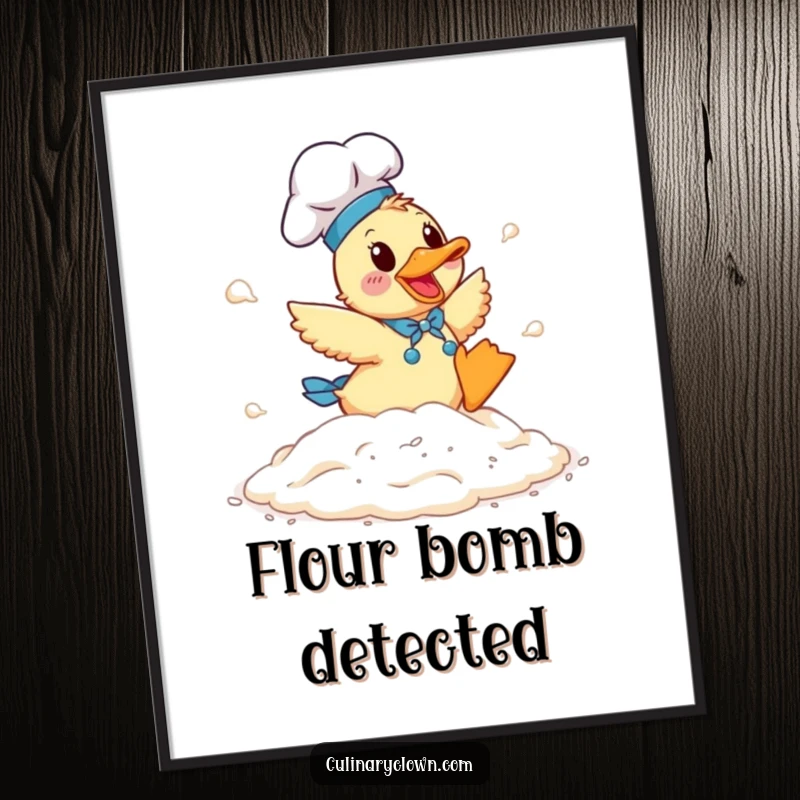 Funny Duck Chef Poster: A happy duck chef joyfully tumbling in a large pile of white flour.