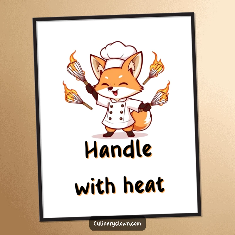 Funny poster of a determined fox chef masterfully juggling flaming whisks, adding a dynamic and humorous touch to any room.