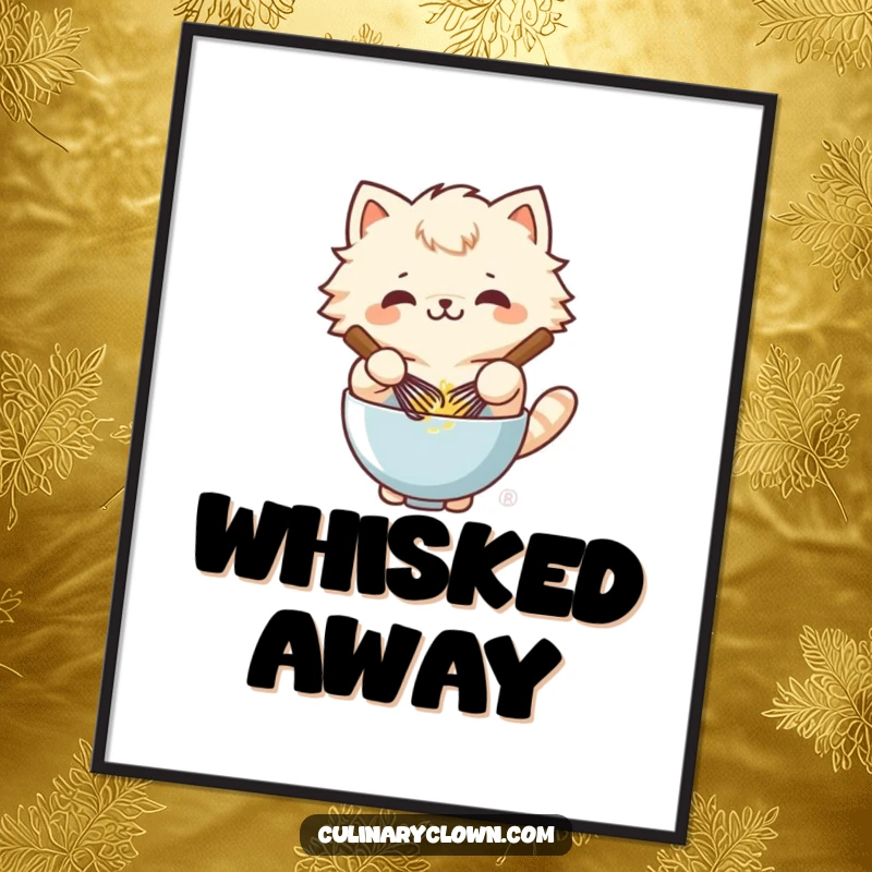 Funny kawaii cat character whisking batter in a bowl on a poster, adding a humorous touch to decor.