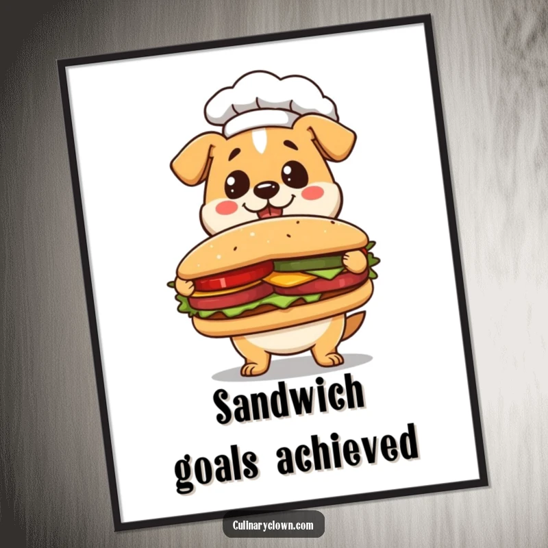 Funny Kawaii Dog Chef Poster: Adorable dog chef proudly presenting a giant sandwich, adding kitchen humor.