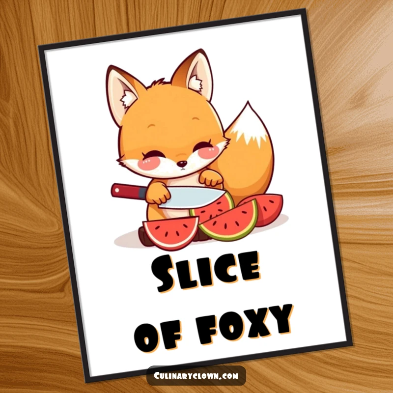 Funny kawaii fox character carefully slicing fruit on a poster, adding a fresh, healthy touch.