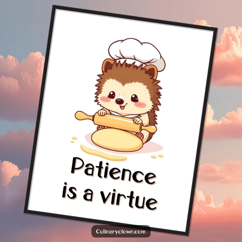 Funny Kawaii Hedgehog Chef Poster: A cute hedgehog chef is meticulously rolling out dough with a tiny rolling pin, in a detailed art style.