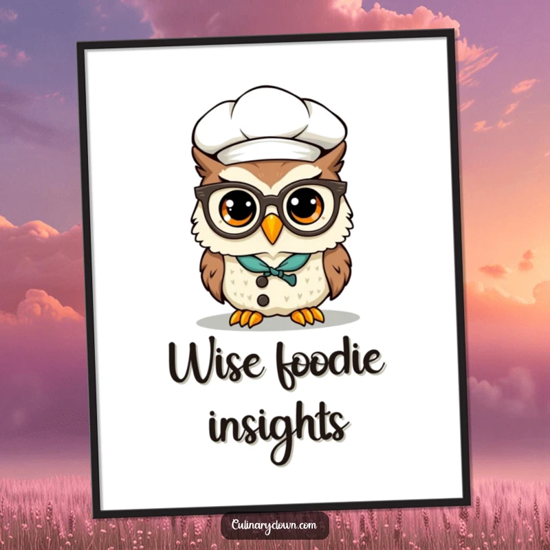Funny Kawaii Owl Chef Poster: A charming illustration of a kawaii owl wearing a chef hat and glasses perched precariously on its beak.