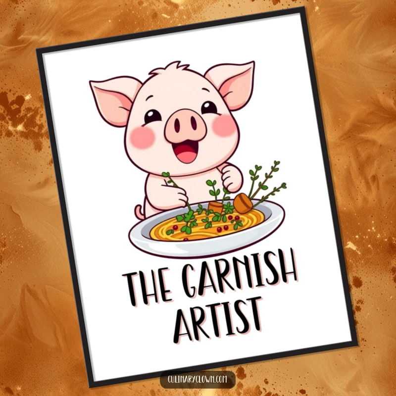 Funny kawaii pig character excitedly garnishing a dish with herbs on a poster, adding a gourmet touch.