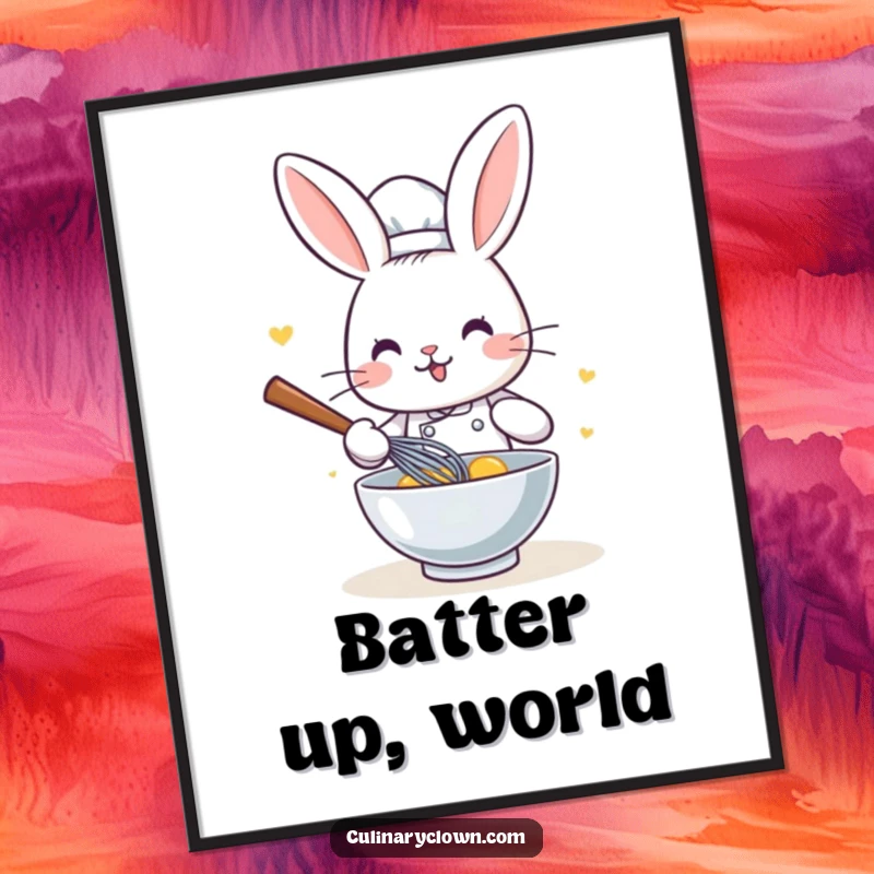 Funny Kawaii Rabbit Chef Poster: Whimsical wall art of a cute cartoon rabbit chef whisking ingredients with a big smile, adding kitchen charm.