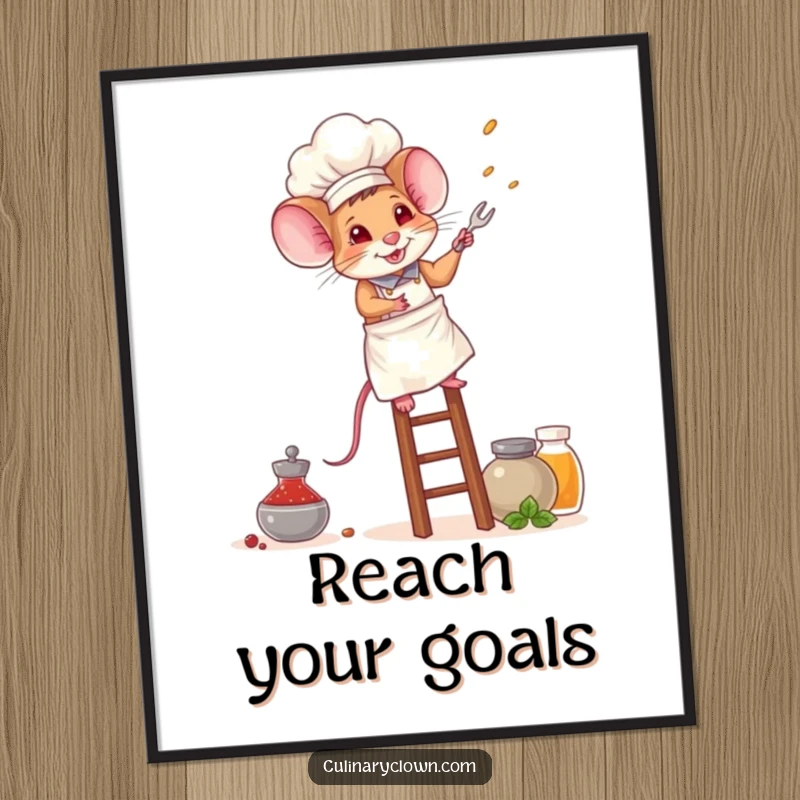 Funny mouse chef poster print of a determined mouse in chef attire, scaling a ladder to grab a jar of exotic spices.