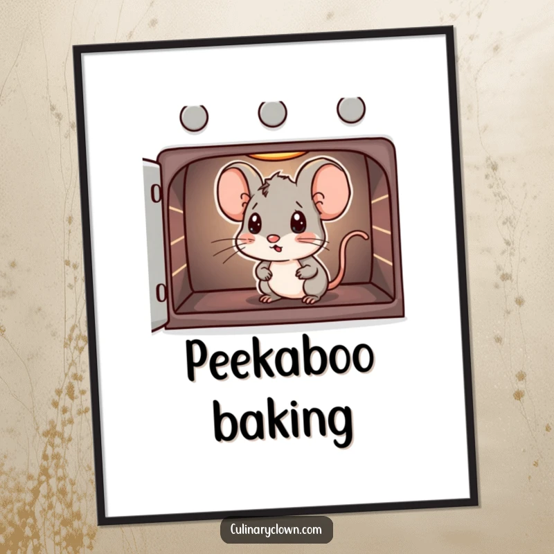 Funny poster of a small mouse character with wide eyes, peeking into an oven with great curiosity.