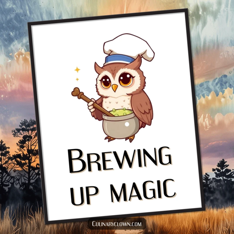 Funny Poster showing a curious owl chef stirring a bubbling potion with a wooden spoon, bringing magical humor to any room.