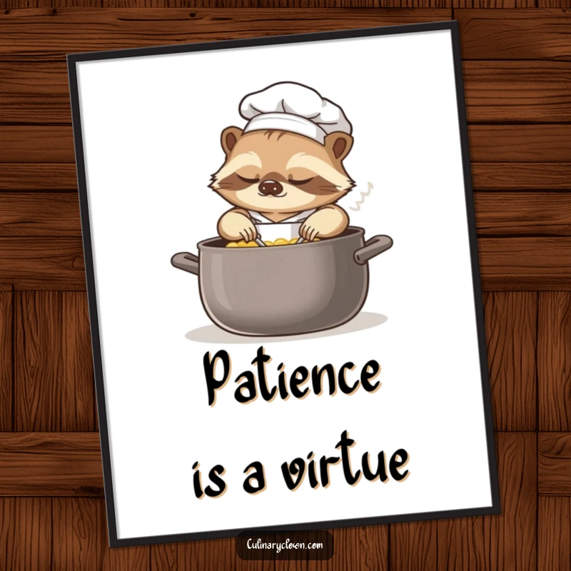 Funny sloth chef poster print of a drowsy sloth in a chef's outfit, slowly stirring a massive pot of delicious-looking soup.