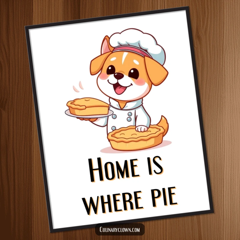 Funny Kawaii Dog Chef Poster: An excited dog chef proudly presents a perfectly baked pie, adding warmth to wall decor.