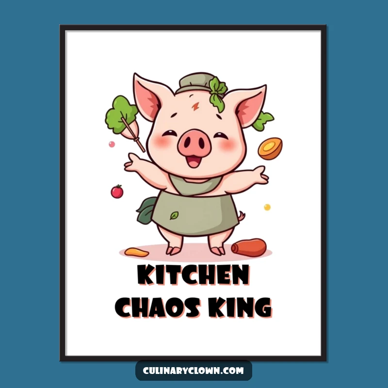 Funny Pig Juggling Ingredients Poster: Hilarious Kitchen Wall Art for Chefs