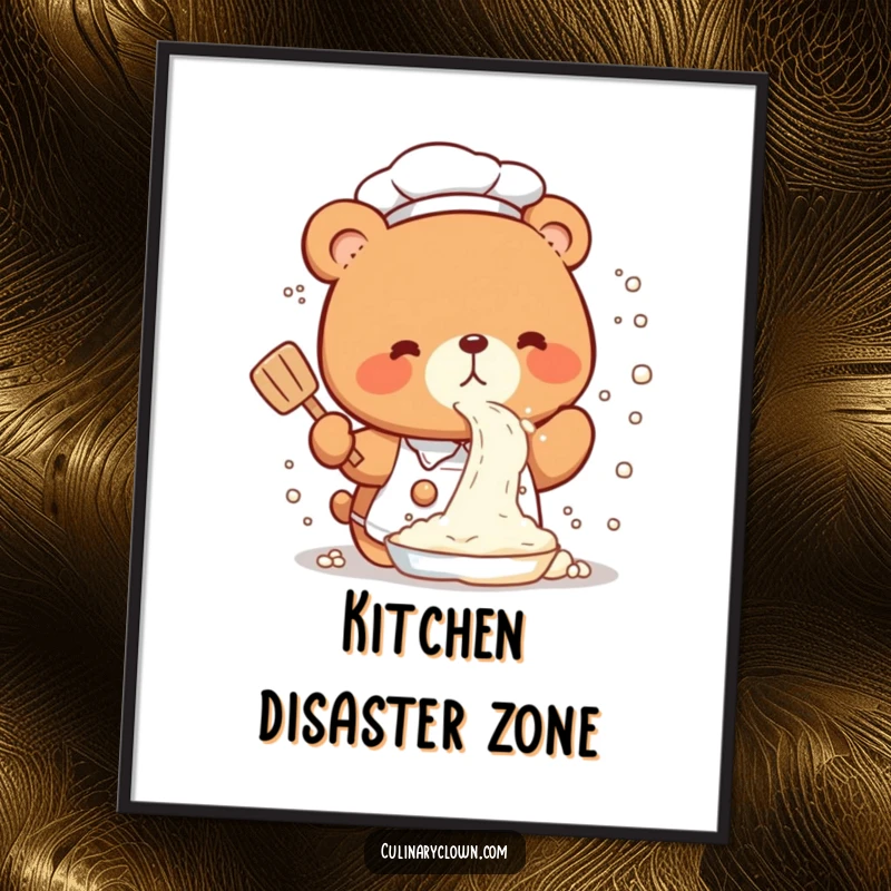 Funny Poster of a cute kawaii bear chef in a comical flour explosion, adding a touch of lighthearted kitchen humor.