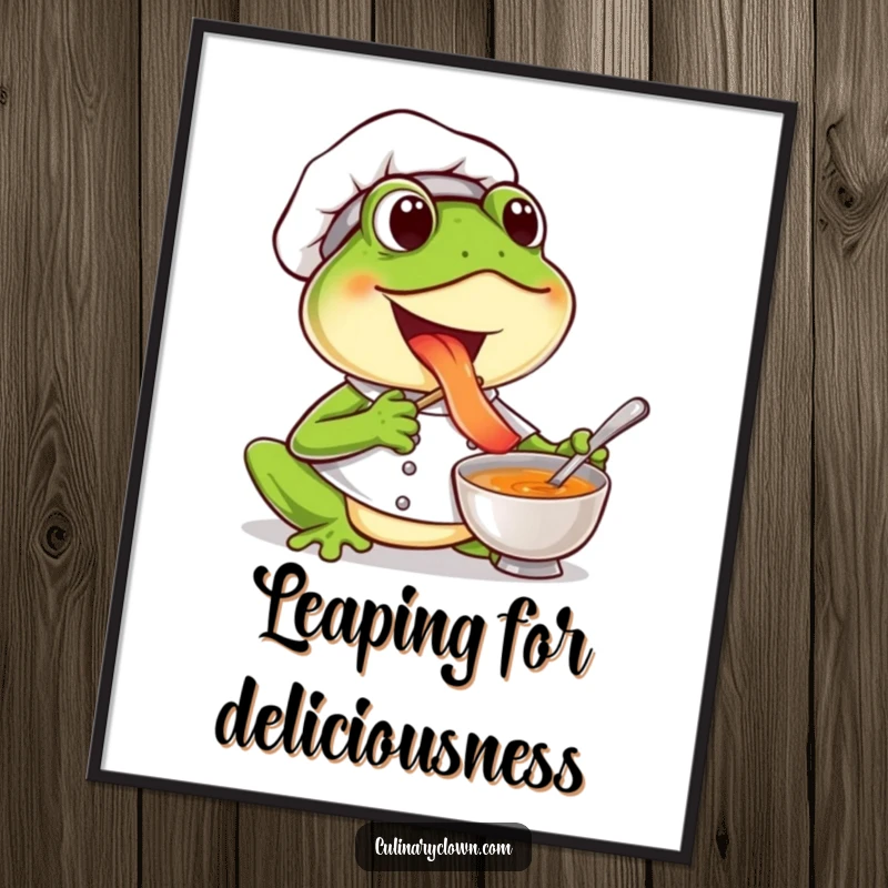 Funny frog chef poster depicting a joyful character tasting soup with excitement, adding cheerful humor to decor.