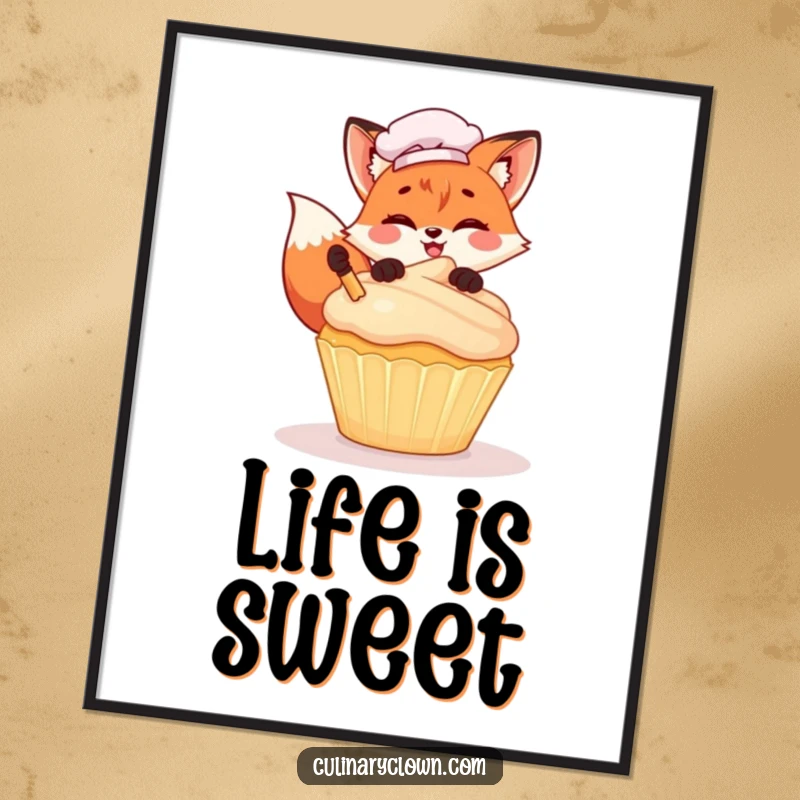 Funny Kawaii Fox Chef Poster: Whimsical wall art of a cute cartoon fox chef gleefully frosting a giant cupcake, adding sweet charm.
