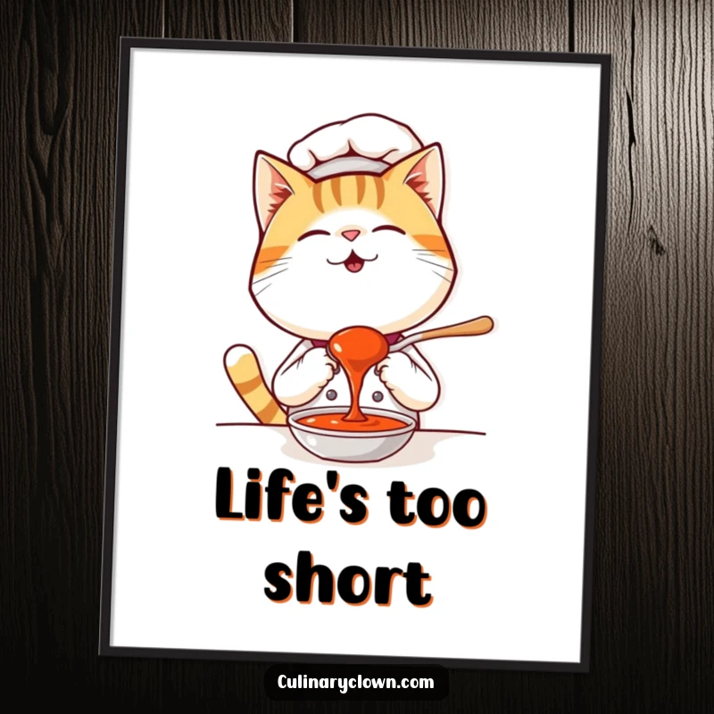 Funny Kawaii Cat Chef Poster: A giggling cat chef tasting sauce, adding a humorous and cute touch to wall decor.