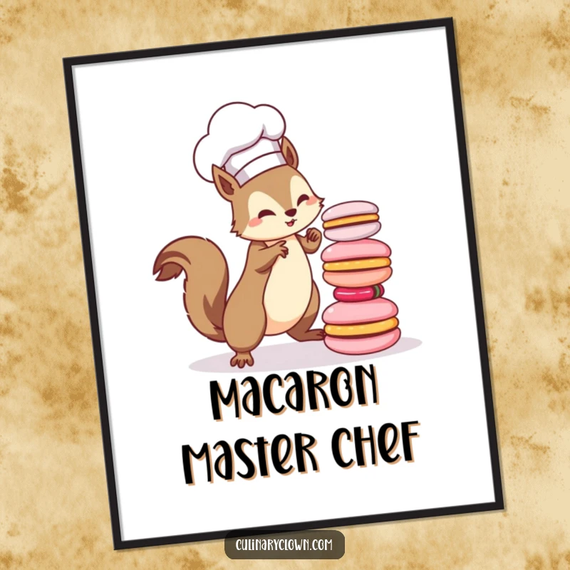 Funny kawaii squirrel chef in a chef hat, attempting to balance a precarious tower of colorful macarons, on a poster.
