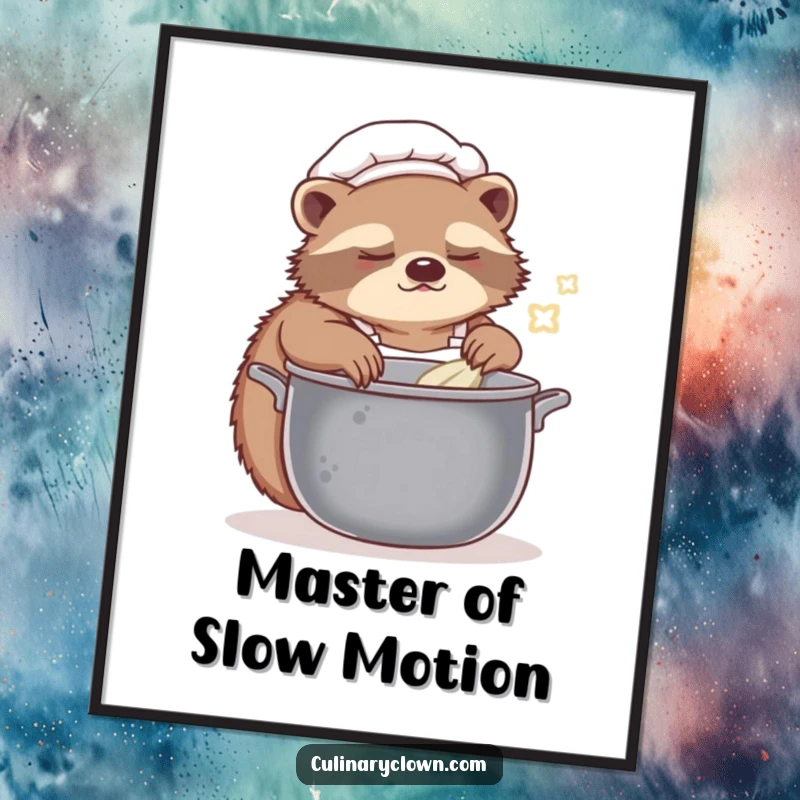 Funny sloth chef poster showcasing a sleepy character meticulously stirring a large pot, adding humor to any wall space.