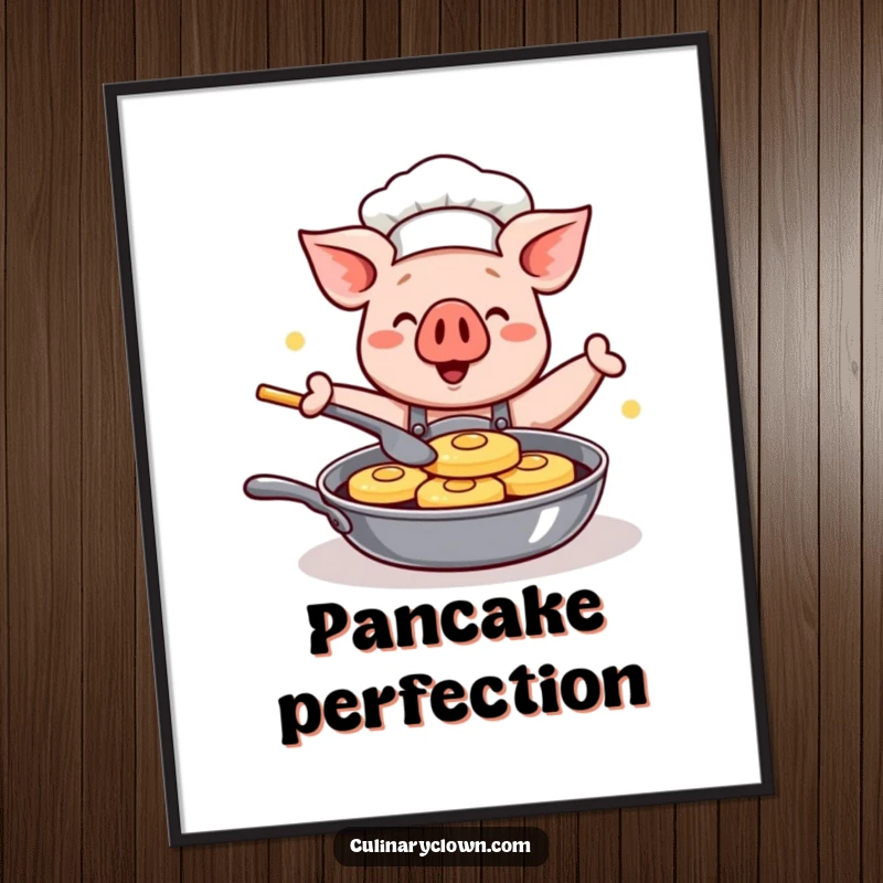 Funny Kawaii Pig Chef Poster: Whimsical wall art of a cute cartoon pig chef happily flipping pancakes in a pan, adding kitchen cheer.