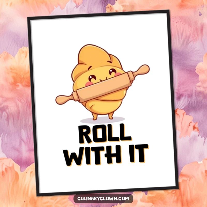 Funny Poster of a croissant character focused on using a rolling pin, adding a cheerful and humorous baking theme to decor.