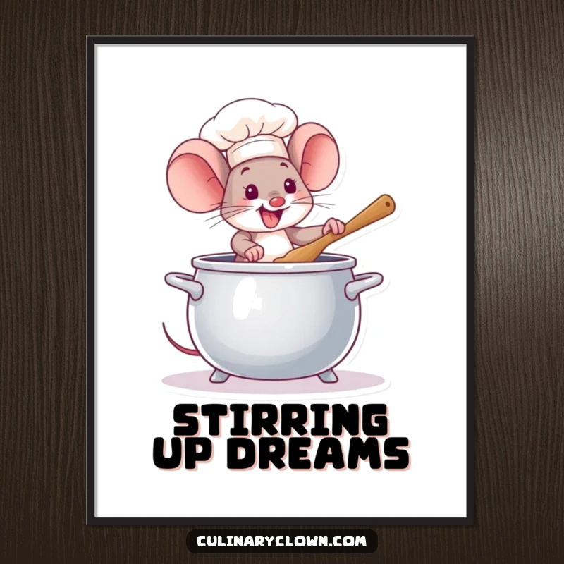 Funny Mouse Chef Poster: An excited mouse chef stirring a massive pot, creating a whimsical and charming piece of kitchen wall art.