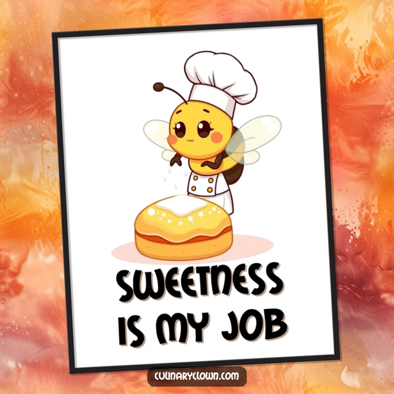 Funny bee chef sprinkling sugar onto a pastry, a humorous illustration perfect for kitchen wall art posters.