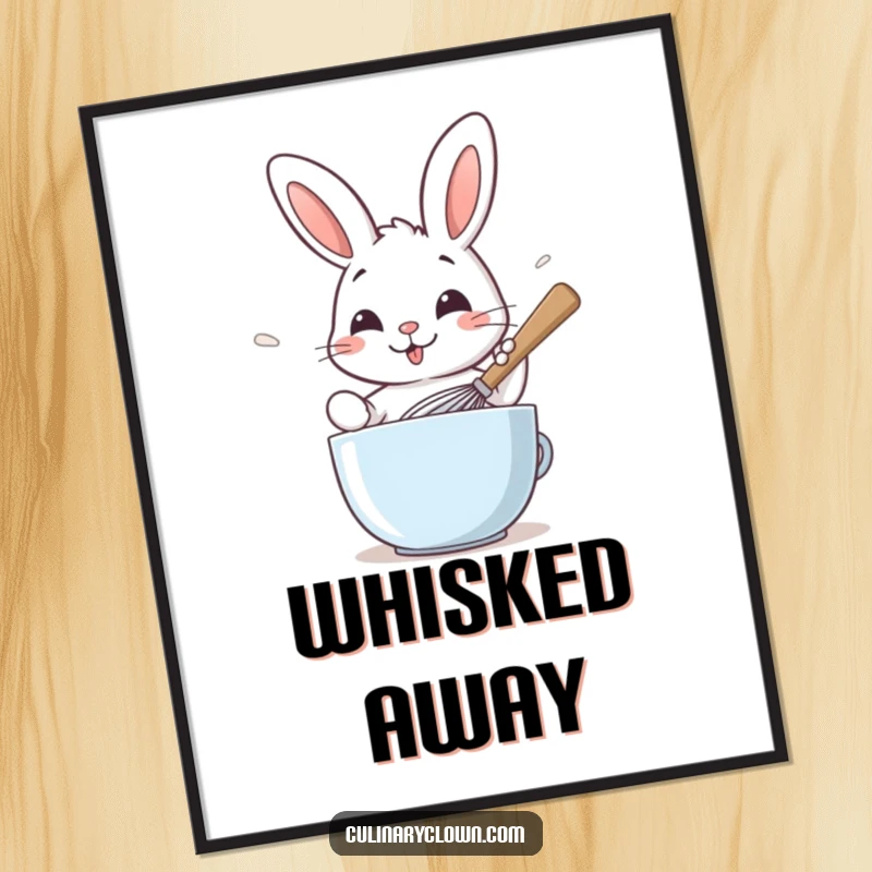 Funny poster showing a smiling rabbit character diligently whisking batter with a giant spoon, bringing kitchen cheer.