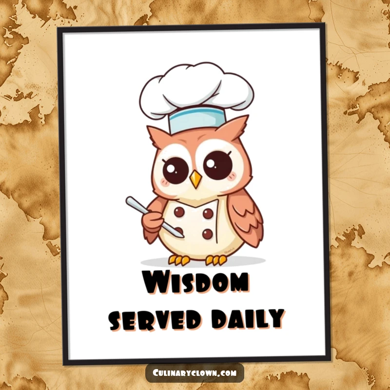 Funny Kawaii Owl Chef Poster: A charming owl chef in a tall hat, contemplating a recipe, adds humor.