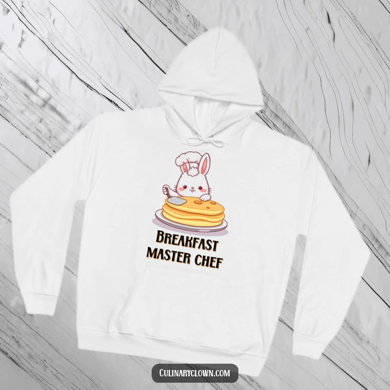 Funny hoodie design of a proud, fluffy bunny chef expertly flipping a large pancake with a spatula, feeling accomplished.